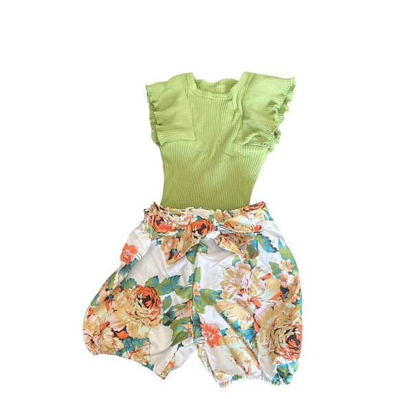 Boutique By The Bay Other - Baby Girl Boutique Outfit 12M/ 100 Green Flutter Sleeve‎ Bodysuit Floral Shorts